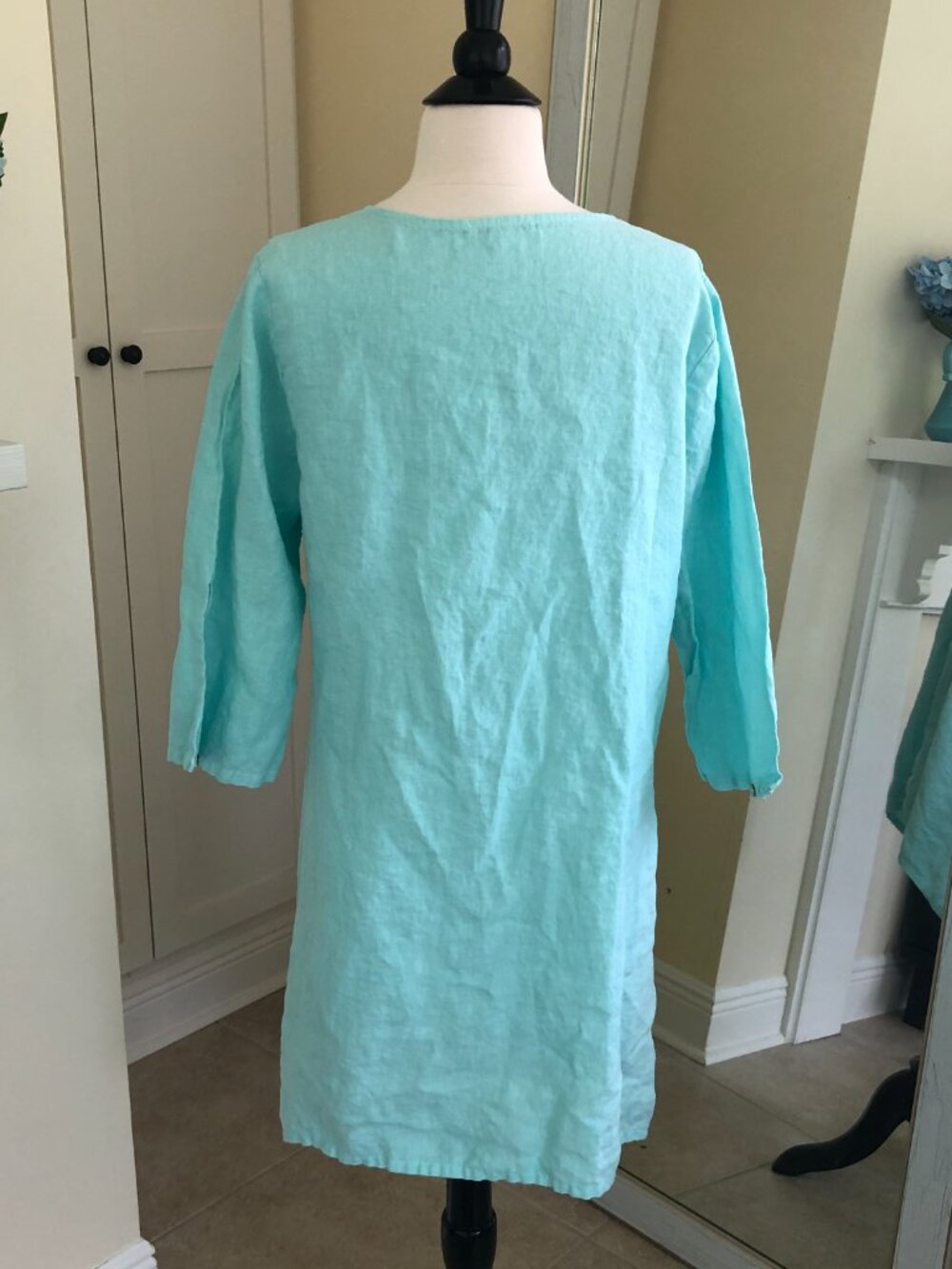 Russ Berens Aqua Blue Linen Full Button Tunic Top Medium Roomy Beachy Coastal - Picture 5 of 10